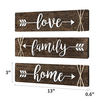 Dahey 3 Pieces Farmhouse Wall Decor Wood Sign Arrow Decor Love Family Home Quote Sign Rustic Wall Art Decoration for Entryway, Living Room, Bedroom, Bathroom, Gift for Mothers Day, 13"x 3", Brown