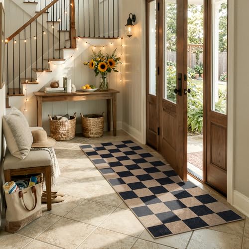 Lahome Checkered Easy Jute Outdoor Runner Rug, 2x6 Kitchen Rugs Washable - color: Black/Checkerboard -1, size: 2' x 6' (Runner)