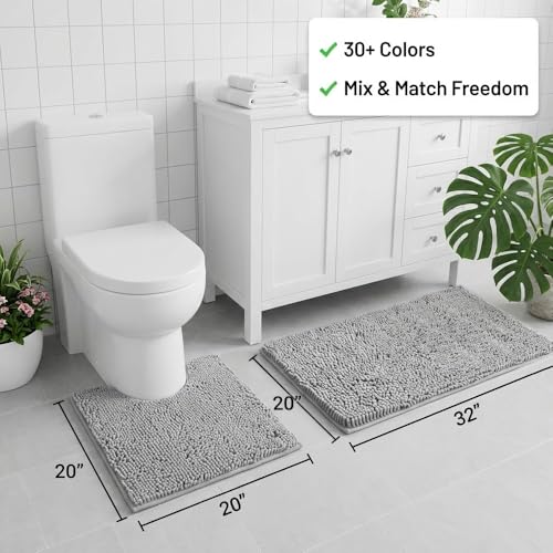 Bathroom Rugs Sets 2 Piece,Super Absorbent Chenille Bath Mats and U-Shaped Toilet Rug,Strong PVC Non Slip Backing,Microfiber Washable Dry Quickly Bath Mats for Bathroom(20"x32"+20"x20"U, Light Grey) - color: Light Grey