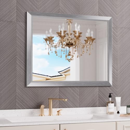 Amorho Bathroom Mirror for Wall 40x32 Inch, Brushed Silver Metal Framed - color: Silver, size: 40"L x 32"W