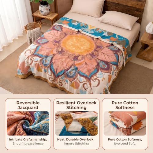 Boho Throw Blanket Reversible Cotton Woven Muslin Quilt Lightweight Summer Throw Blankets 60"x80" Super Soft Floral Printed Blanket Throws for Couch Sofa Bed Farmhouse Decor