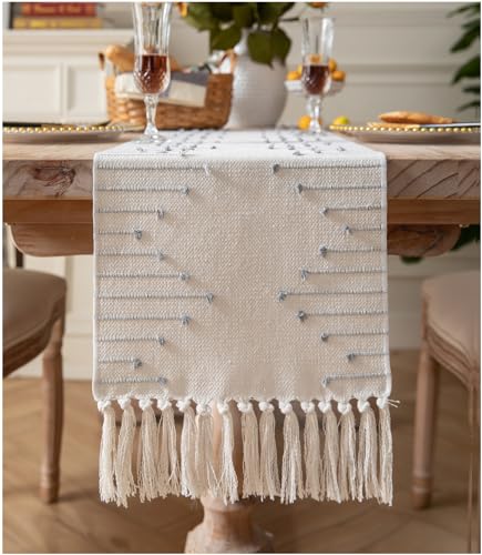 Caflife Grey Beige Cotton Linen Rustic Boho Table Runner 13x48 Inch Long - color: Grey Beige, size: 13x48Inch