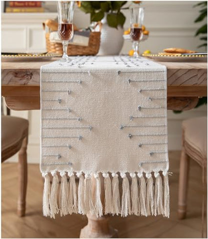 Caflife Grey Beige Cotton Linen Rustic Boho Table Runner 13 x 90 Inch Long - color: Grey Beige, size: 13x90Inch