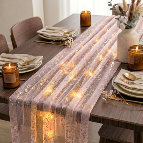 Artscope Lighted Pink Gold Gauze Table Runner,Glitter and Foil Table Decor for Weddings Anniversary Birthday and Holiday Party Decorations – 28" x 120" - color: Pink Gold