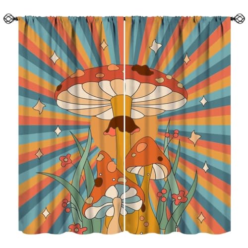Boho Mushroom Curtains, 1970s Retro Sunset Rainbow Boho Herbs Flowers Blue Yellow Abstract Geometric Print Blackout Window Drapes for Kids Bedroom Living Room 42x45 Inch - color: Retro Mushroom-3, size: 21"W x 45"L (Pack of 2)
