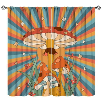 Boho Mushroom Curtains, 1970s Retro Sunset Rainbow Boho Herbs Flowers Blue Yellow Abstract Geometric Print Blackout Window Drapes for Kids Bedroom Living Room 42x45 Inch - color: Retro Mushroom-3, size: 21"W x 45"L (Pack of 2)