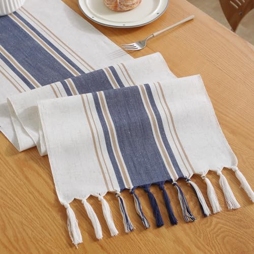 Niviy Blue Table Runner 48 Inches Long with Tassels, Seasonal Summer Washable Embroidered Striped Braided Blue and White Boho Table Runners for Holiday Party 12 x 48 Inches - color: Blue, size: 12 x 48 Inches