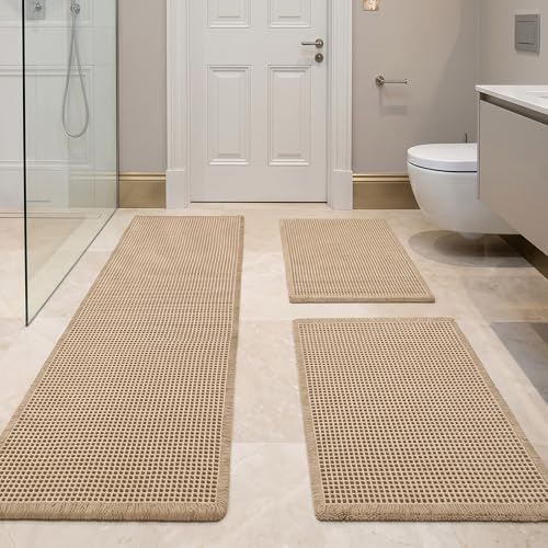 JIUZHEN Set of 3 Waffle Bathroom Rugs Boho Bath Mat 16"x24"+24"x36"+24"x48" - color: Brown, size: 16"x24" + 24"x36" + 24"x48"
