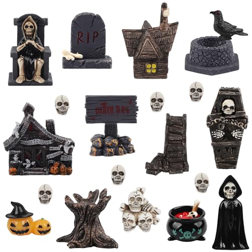 21 PCS Halloween Miniatures Figurines Resin Tombstones Figures Miniature Tombstones Miniatures Skeleton Pumpkin Ghost Ornaments for Halloween Party Favors Fillers Home Tabletop Decor - color: 21