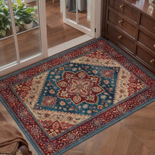 Tangsoo Oriental 2x3 Washable Rugs for Entryway Non Slip Small Rug Red Blue - color: Red/Blue, size: 2' X 3' (Rectangular)