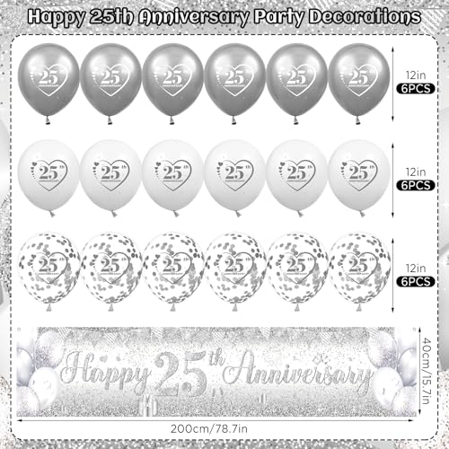 Silver 25th Wedding Anniversary Decorations for Men Women Silver Happy 25th Anniversary Banner and 18Pcs Balloons for 25 Years Wedding Party Decoration Supplies - color: Silver
