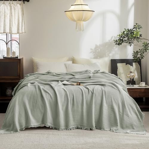 FOSSA Muslin Blanket: 4-Layer 100% Cotton Gauze Blanket with Fringe 98"x98" - color: Sage Green, size: Oversize Queen(98" × 98")