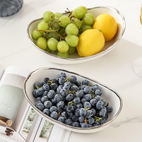 2-Tier Fruit Bowls for Kitchen Counter,Ceramic White Bowl with Silver Metal Stand,2 Tier Fruit Basket for Fruit,Snack,Cake,Nuts,Dessert Space Saving Storage - color: Silver&White