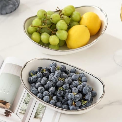 2-Tier Fruit Bowls for Kitchen Counter,Ceramic White Bowl with Silver Metal Stand,2 Tier Fruit Basket for Fruit,Snack,Cake,Nuts,Dessert Space Saving Storage - color: Silver&White