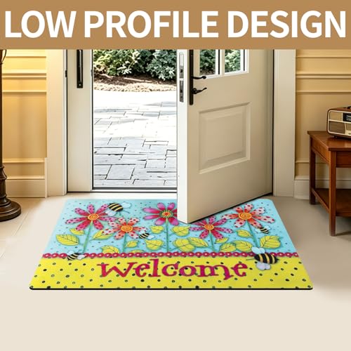 Welcome Mat 17x29 Non Slip Rubber Back Door Mat Outside Entrance - color: Polka-dot Bee