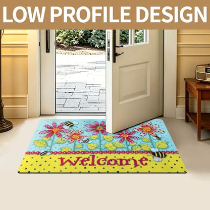Welcome Mat 17x29 Non Slip Rubber Back Door Mat Outside Entrance - color: Polka-dot Bee