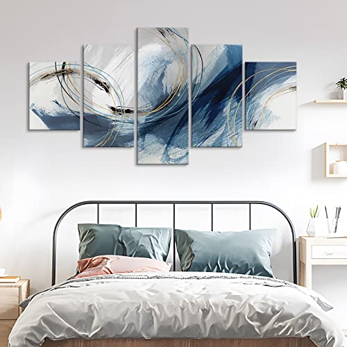 Fu-Keivy Blue Grey Abstract Canvas Wall Art Decor Fantasy Modern Artwork Painting for Living Room Bedroom 5 Panel Wall Pictures Graffiti on White Background - size: 60''W x 32''H