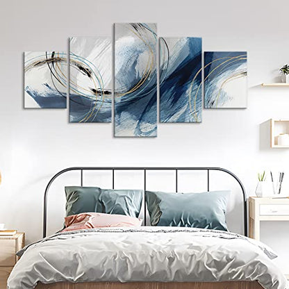 Fu-Keivy Blue Grey Abstract Canvas Wall Art Decor Fantasy Modern Artwork Painting for Living Room Bedroom 5 Panel Wall Pictures Graffiti on White Background - size: 60''W x 32''H