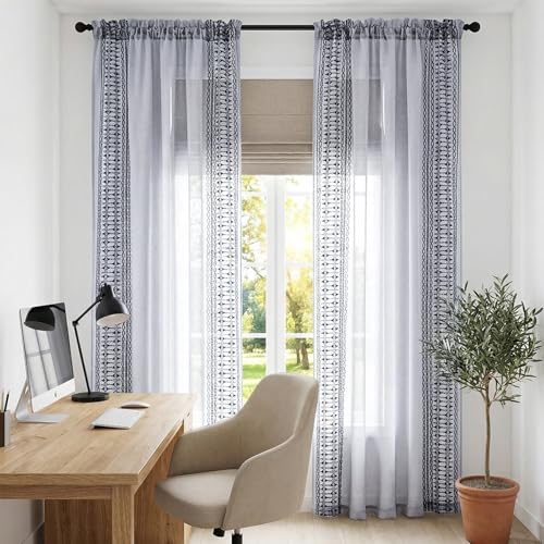 jinchan Floral Linen Sheer Boho Curtains 96 Inch Rod Pocket 2 Panels Gray - color: Boho Grey, size: 55"W x 96"L (Pack of 2)