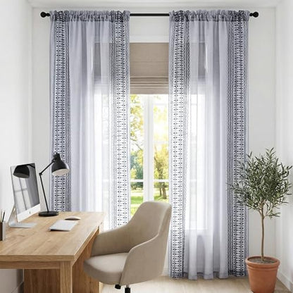 jinchan Floral Linen Sheer Boho Curtains 96 Inch Rod Pocket 2 Panels Gray - color: Boho Grey, size: 55"W x 96"L (Pack of 2)