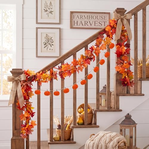 Yinder 2 Pack 6.56 ft Fall Mantle Decor Garland Pumpkins Velvet with 5.8 ft Artificial Maple Leaf Hanging Vine for Fireplace Mantle Wall Autumn Harvest Farmhouse Thanksgiving Home Wedding Decor