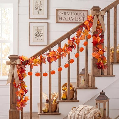 Yinder 2 Pack 6.56 ft Fall Mantle Decor Garland Pumpkins Velvet with 5.8 ft Artificial Maple Leaf Hanging Vine for Fireplace Mantle Wall Autumn Harvest Farmhouse Thanksgiving Home Wedding Decor