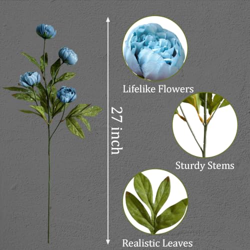 6Pcs Blue Peony Artificial Flowers for Vase - color: Blue, size: 6Pcs