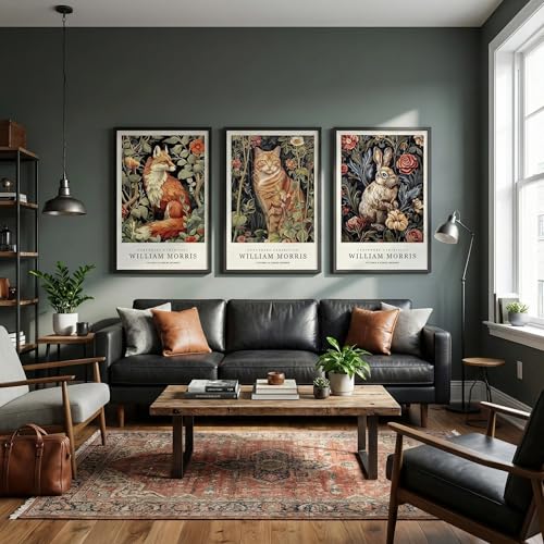 OVVGVV William Morris Wall Art set of 3 large Framed Vintage botanical Colorful Abstract Nature Flowers Canvas Art for Living Room Bedroom Office Decor(Style8, 3pcs 12x16 Black Frame) - color: Type8-Black, size: 12x16 in