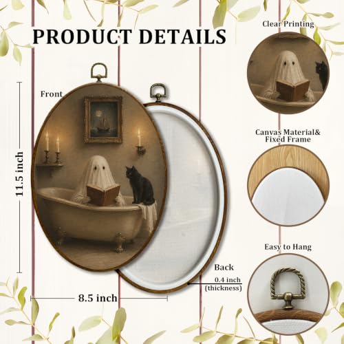JQF Halloween Ghost Black Cat Bathroom Oval Wall Decor Framed 8.5x11.5 Inch - color: ghost bathroom-1