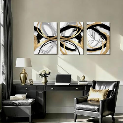 LYYGLYY 3Pcs Framed Abstract Black and Gold Canvas Wall Art 16x24 Inches - color: Dancing Lines, size: 16x24 Inches
