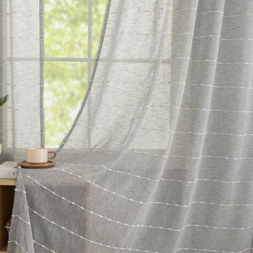 Grey Sheer Curtains 63 Inches for Living Room Faux Linen 2 Panels - color: Grey, size: 52"W x 63"L (Pack of 2)