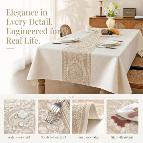 Rectangle Linen Tablecloth Retro Floral Spillproof Cloth 55x120 Inch - color: Beige Hh, size: 55"x120"fits 10 seats (table length 96"-102")