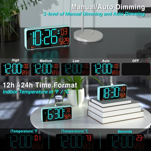 KOSUMOSU Alarm Clock for Bedroom, 6.7in Small Digital Clock, Auto Dimming, Room Temperature, Day of The Week, Date, Alarm Clocks for Living Room, Desk Clocks - color: Blue (Blue + Orange Digits)