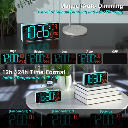 KOSUMOSU Alarm Clock for Bedroom, 6.7in Small Digital Clock, Auto Dimming, Room Temperature, Day of The Week, Date, Alarm Clocks for Living Room, Desk Clocks - color: Blue (Blue + Orange Digits)