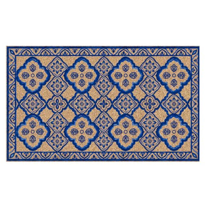 Blue Boho Tile Floral Faux Coco Coir Doormat Door Mat 17x30 Inch - color: Chinoiserie