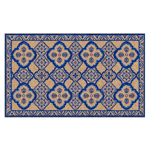Blue Boho Tile Floral Faux Coco Coir Doormat Door Mat 17x30 Inch - color: Chinoiserie