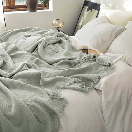 FOSSA Muslin Blanket 4-Layer 100% Cotton Gauze Blanket with Fringe 108"x98" - color: Sage Green, size: Super King(108" × 98")