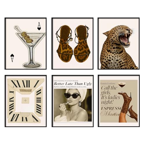 Mynotix Vintage Leopard Poster Set of 6, Trendy Cheetah Y2K Wall Art, Fashion Martini Wall Decor Preppy Girl Canvas Paintings Prints Artwork for Living Room Bedroom Dorm 8x10 inch Unframed - color: leopard, size: 10"L x 8"W