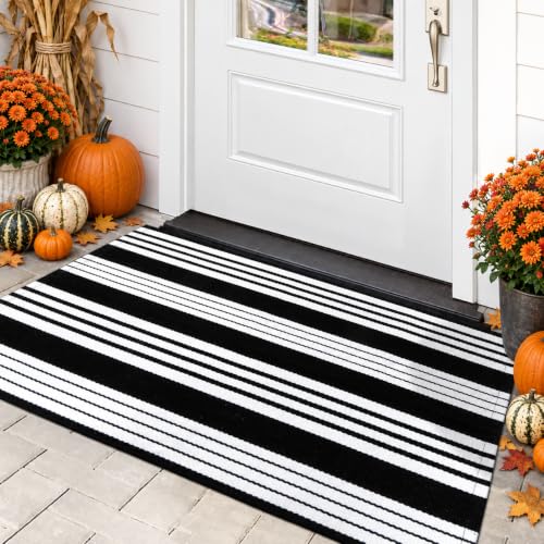 LEEVAN 2.3'X3.6' Black and White Striped Woven Reversible Outdoor Rug - color: Black Strip, size: 2'3" x 3'6"
