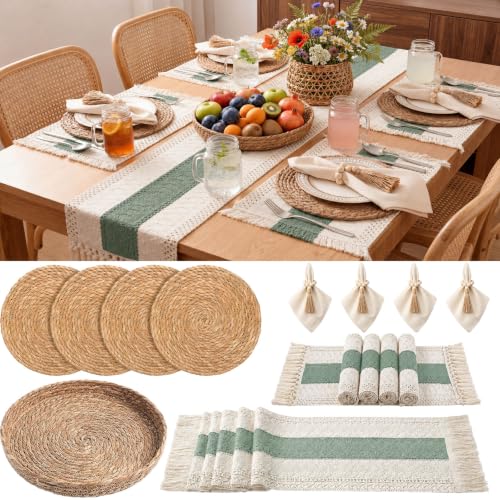Boho Kitchen Decor Table Runner and Placemats Set, Green, 4 Sets, 12x72inch - color: Green, size: 12x72''