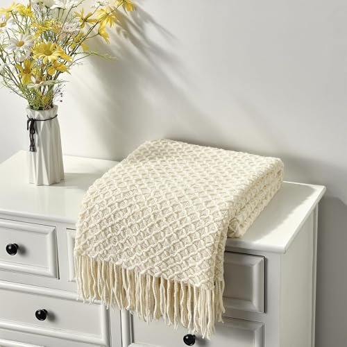 CREVENT Farmhouse Boho Knitted Throw Blanket for Couch Sofa Chair Bed Home Decoration, Soft Warm Cozy Light Weight for Spring Summer Fall (60''X80'' Beige) - color: Beige X, size: 60inchx80inch