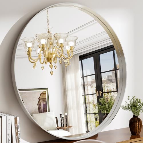 48 Inch Round Bathroom Mirror - Wall Mounted Circle Mirror with Metal Frame, Modern Mirror Suitable for Bathroom, Vanity, Entryway, Living Room, Wall Decor,Silver - color: Silver, size: 48"L x 48"W