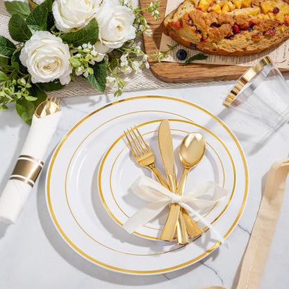 WELLIFE Disposable Plates & Gold Silverware Set, 350 Pieces for 50 Guests - color: Gold, style: 350PCS（50 Guests）
