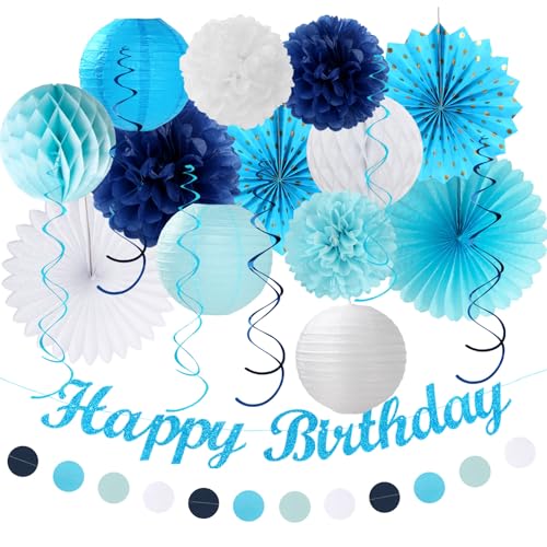 Light-Royal Blue White Birthday Party-decorations - 21pcs Boys Men Ocean Happy Banner,Navy Dusty Paper Streamers Lanterns Honeycomb,tissue Pom Poms Fan,Nautical Adult Garland Supplies Decor Huglony - color: Light-royal Navy-blue White