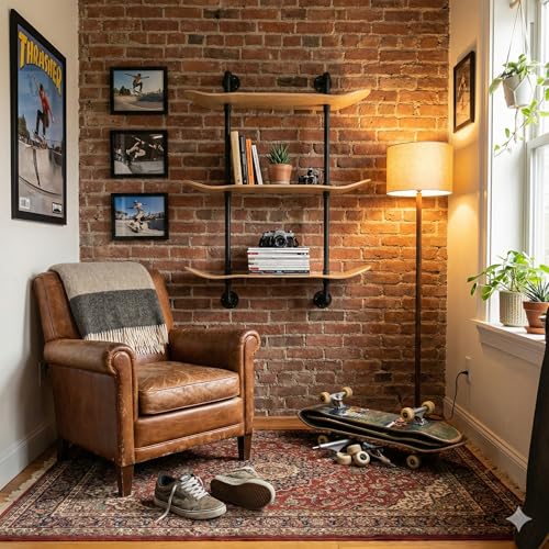 Industrial Pipe Floating Shelf, 3 Tier, Skateboard Decks, Easy Assembly - size: 3 Tier Shelf