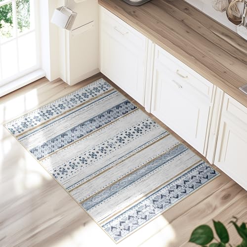 2x3 Washable Area Rugs for Living Room Boho Bathroom Rug Blue/Brown - color: Blue/Brown, size: 2' x 3' (Rectangular)