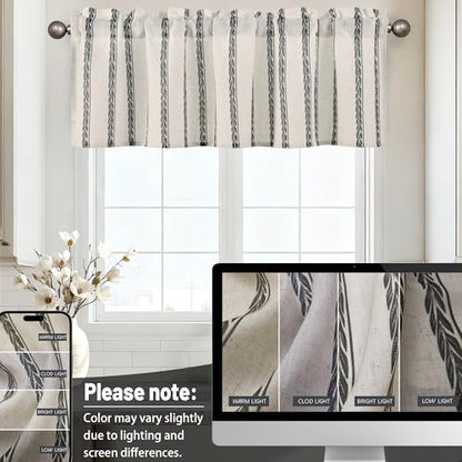 JIUZHEN 42x18 Inch Kitchen Valance - Thick Textured Linen Striped Window Valance Curtain with 3" Rod Pocket, Wheat Stripe Grey (1 Panel) - color: Wheat Stripe Grey, size: 42"W x 18"L (Pack of 1)