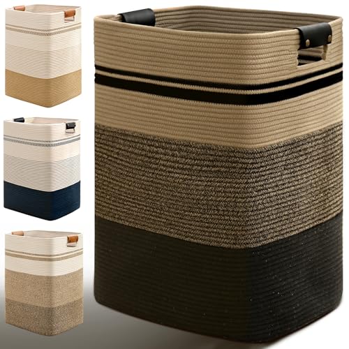 Laundry Hamper, 105L Tall Laundry Basket with Leather Handles, Rectangle Large Clothes Hamper for Organizing, Cotton Woven Laundry Baskets Storage Hampers for Bedroom, Nursery, Living Room - color: Jute& Black, size: 105L
