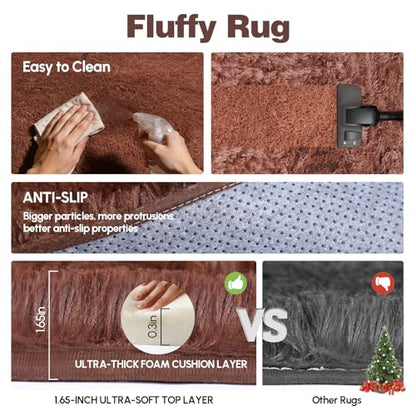 Brown Fluffy Shag Area Rug, Non-Slip Thick Soft Carpet for Home - color: Brown, size: 5' x 7' (Rectangular)