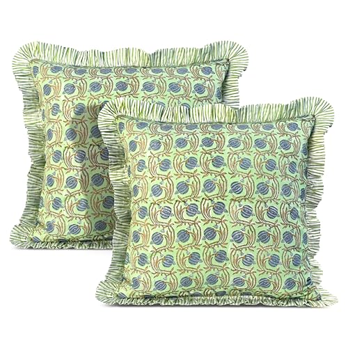 Ridhi Apple Green Block Print Ruffle Pillow Covers 18x18 Inch Set of 2 - color: Apple Green Floral, size: 18" x 18" (Pack of 2)